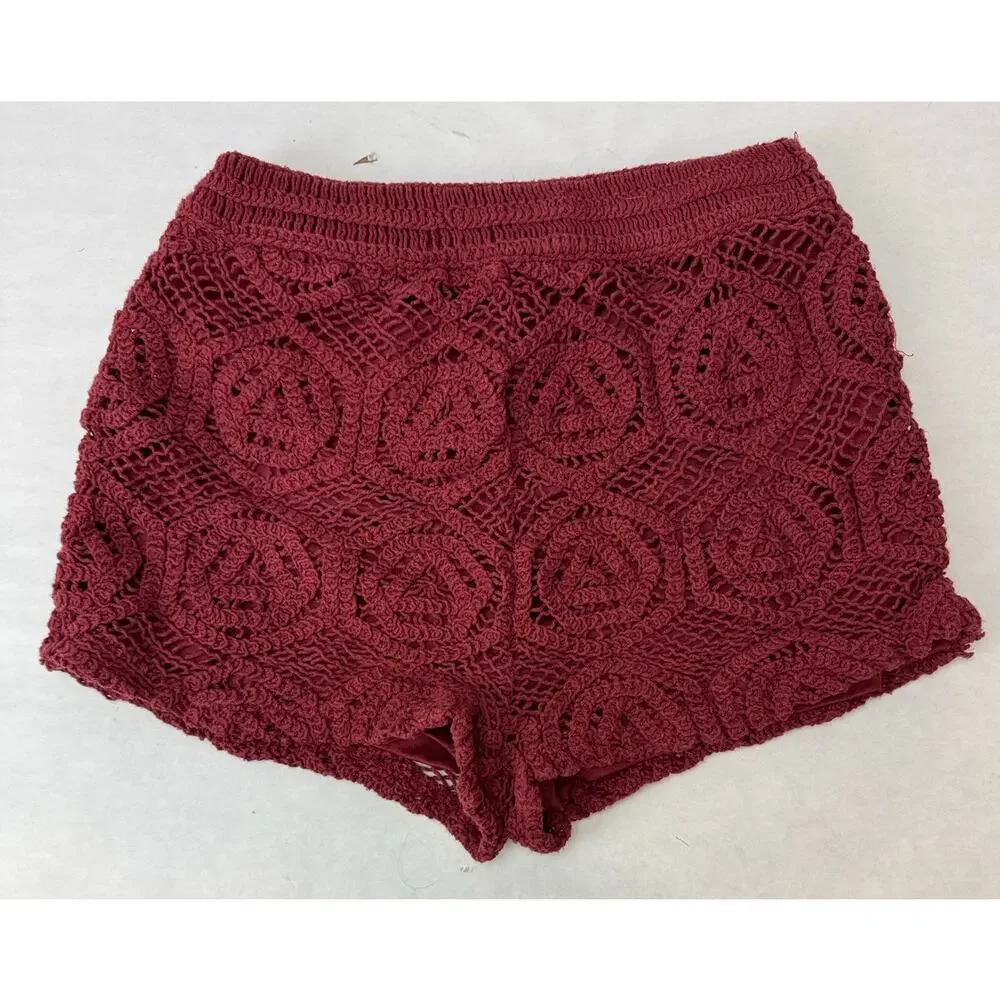 Boho Zara Crochet Shorts Burgundy Red High Waisted Cottagecore Hot Pants Medium